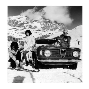 Glass picture Alfa Romeo winter girls and ski 120cm x 120cm